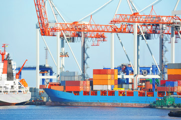 Fototapeta premium Port cargo crane, ship and container