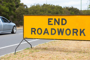 End Roadwork traffic sign information outdoor