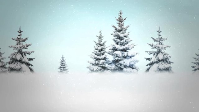 A subtle animated snowy forest background in the North Pole for placement of copy as a holiday messaging clip .