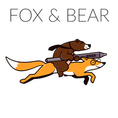 Fox and bear logo template. Bear riding on fox, unusually animal