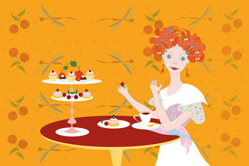 vector illustration with very pretty sweet red hair girl with a cherry in her hand near the table with various sweets and a cup of coffee 
