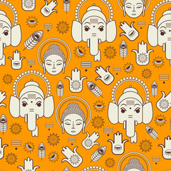 Indian Symbols Seamless Pattern. Background of India Travel Vector Icons. 