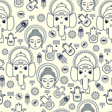 Indian Symbols Seamless Pattern. Background of India Travel Vector Icons. 