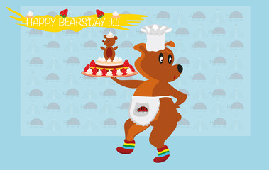 vector illustration for birthday greeting with a funny cute little bear in white apron  with a big cake with strawberries and chocolate figure of little bear 