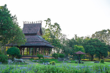 Fototapeta na wymiar ASEAN vintage wood style pavilion in a outdoor park in the morning.