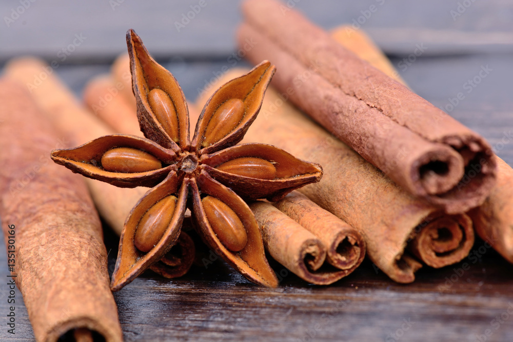 Poster Anise star with cinnamon sticks on table