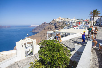 View from fira. / The square in front of the Orthodox church of Fira in Santorini with sea view....