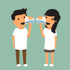 man and woman drink enough water in health concept. vector illus