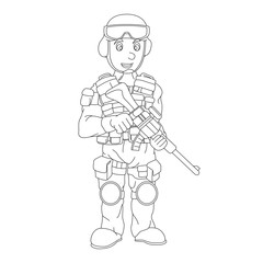 Army man soldier in camouflage combat uniform saluting. Cute cartoon vector outline style. Isolated vector illustration.