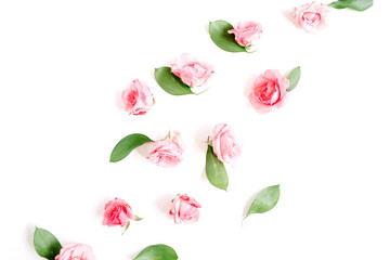Pink roses buds on white background. Flat lay, top view. Valentine's background