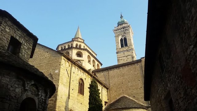Bergamo - Old city (Citta Alta). One of the beautiful city in Italy. Lombardia. The bell tower and the dome of the Cathedral called Santa Maria Maggiore, north wing