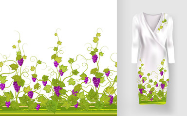 Vector pattern of vines with leaves and berries on classic women's dress mockup.