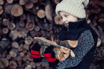 Little boy chopping firewood in the front yard at the day time.