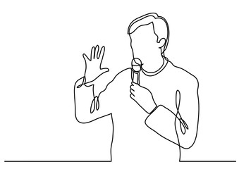 continuous line drawing of presenter speaking with microphone