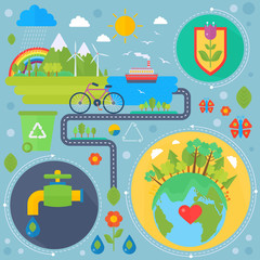 Environmental Protection, Ecology concept Banners Set in modern Flat Style. Ecology Green Energy and save planet infographics design, web elements, poster banners. Vector illustration.