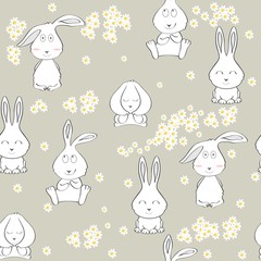 Vector seamless pattern with bunny and flowers