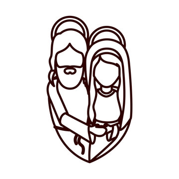 monochrome contour with half body of virgin mary and jesus embraced vector illustration