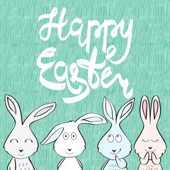 Happy Easter greeting card with bunny. Hand drawn lettering.