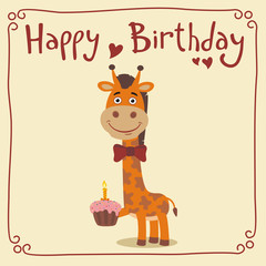 Happy birthday! Funny giraffe with birthday cake. Greeting card with little giraffe in cartoon style.