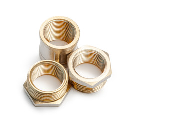 Set of metal-plastic plumbing couplings, adapters, plugs isolated on white background