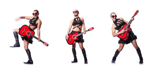 Fototapeta na wymiar Man in woman clothing with guitar