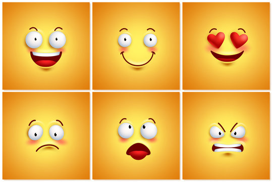 Funny smileys vector poster wallpaper backgrounds set with different facial expressions and emotions. Vector illustration.
