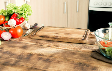 Kitchen table with the ingredients for cooking healthy food