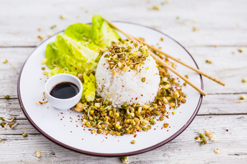 Fried sprouts with rice and soy sauce. Asian food.