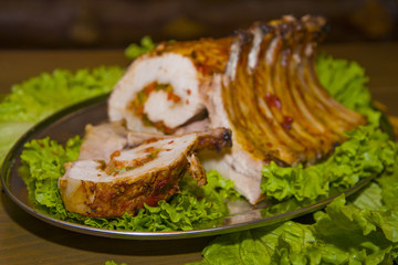 A hefty piece of meat stuffed with vegetables.