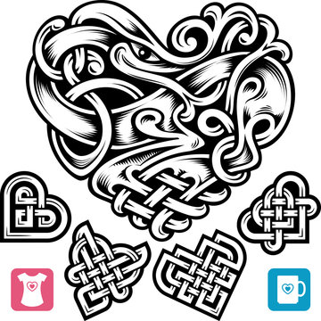 Vector celtic heart set. Cute small irish tattoo or Romantic symbol in the medieval design isolated on white background. Celtic animal and abstract knot pattern