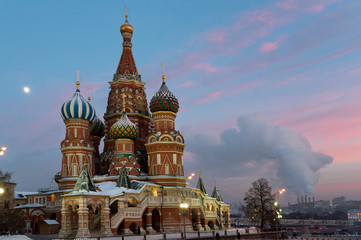 Iconic Saint Basil cathedral on the Red Square at winter sunset, Moscow
