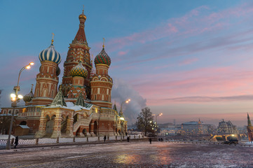 Fototapeta na wymiar Iconic Saint Basil cathedral on the Red Square at winter sunset, Moscow 