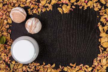 Spa bath cosmetic. Aromatherapy with natural mask and  bomb. Hygiene  relaxation for body.