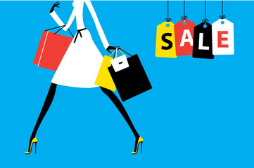Sale banner with the woman walking with the shopping bags. Vector illustration