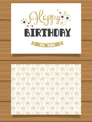 Happy Birthday Lettering greeting card and its reverse side with an abstract design.