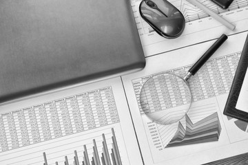 Financial printed paper charts, graphs and diagrams