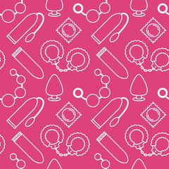 Vector seamless pattern of sex toys in the linear flat style.