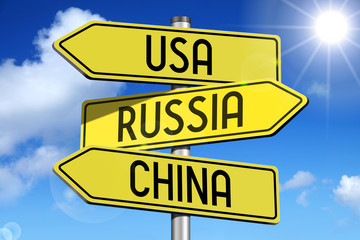 Usa, Russia, China - signpost with yellow arrows.