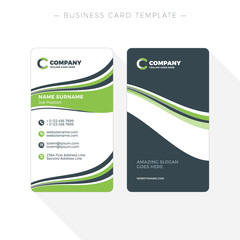 Vertical Double-sided Business Card Template with Abstract Green and Black Waves Background. Vector Illustration. Stationery Design