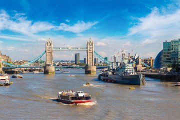 Tower Bridge and HMS Belfast warship in London