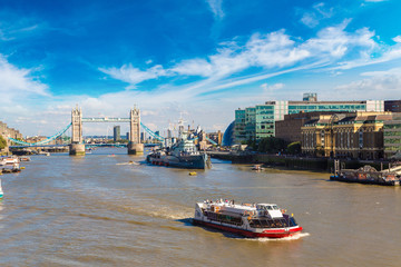 Tower Bridge and HMS Belfast warship in London