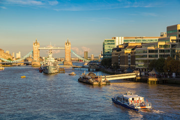 Tower Bridge and HMS Belfast warship in London