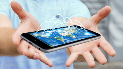 Businessman holding mobile phone with internet connection 3D ren