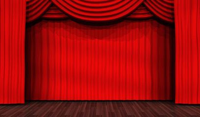 Empty stage for performances and red curtain