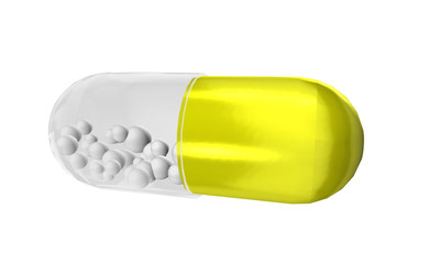 Retardkapseln gelb und durchsichtig isoliert auf weißem Hinterg