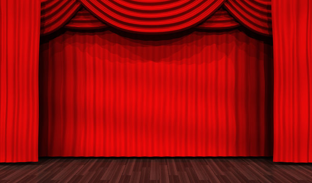 Empty stage for performances and red curtain