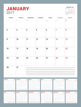 Calendar Template for 2017 Year. Week Starts Monday. Square Pages. Stationery Design. Vector Illustration