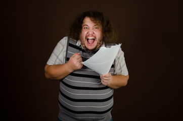 Crisis. Accountant and tax. Angry accountant with documents. 