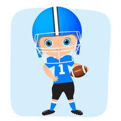 Young Boy. Kid playing American football. Vector illustration eps 10 isolated on white background. Flat cartoon style.