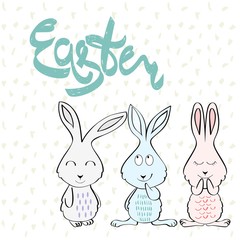 Happy Easter greeting card with bunny. Hand drawn lettering.